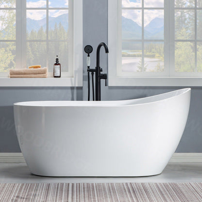 WoodBridge 59" White Acrylic Freestanding Soaking Bathtub With Matte Black Drain, Overflow, F0006MBRD Tub Filler and Caddy Tray