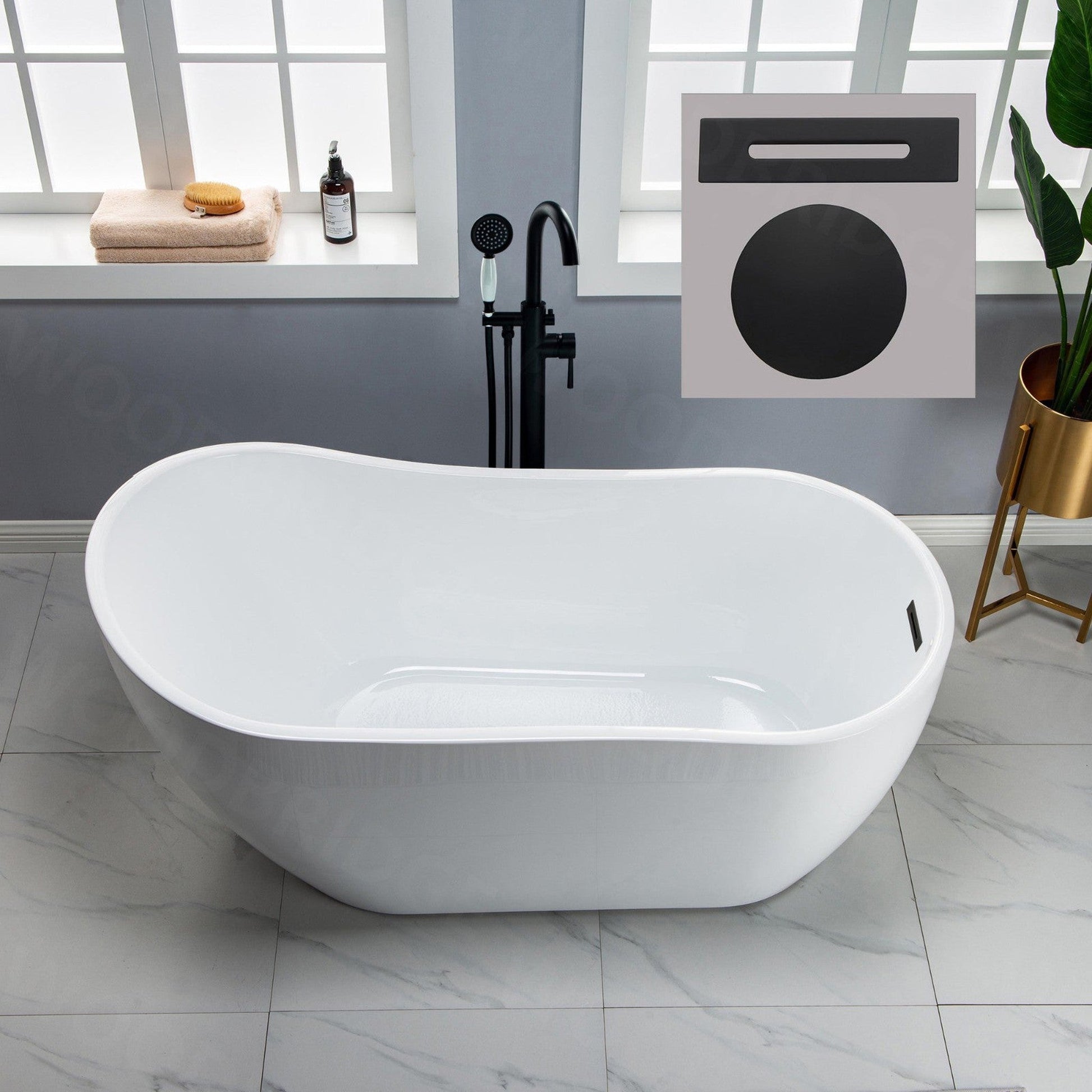 WoodBridge 59" White Acrylic Freestanding Soaking Bathtub With Matte Black Drain, Overflow, F0006MBSQ Tub Filler and Caddy Tray