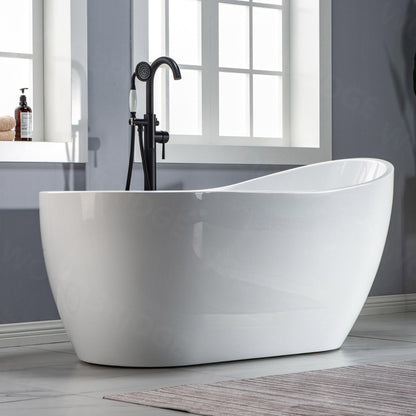 WoodBridge 59" White Acrylic Freestanding Soaking Bathtub With Matte Black Drain, Overflow, F0006MBSQ Tub Filler and Caddy Tray