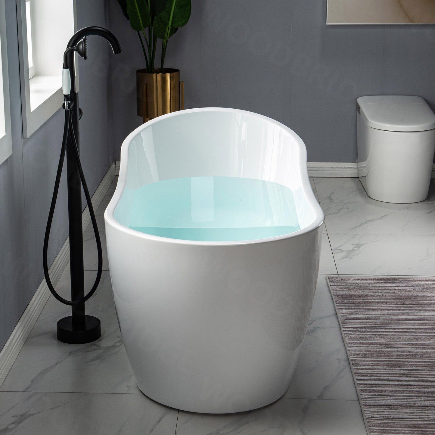 WoodBridge 59" White Acrylic Freestanding Soaking Bathtub With Matte Black Drain, Overflow, F0006MBSQ Tub Filler and Caddy Tray