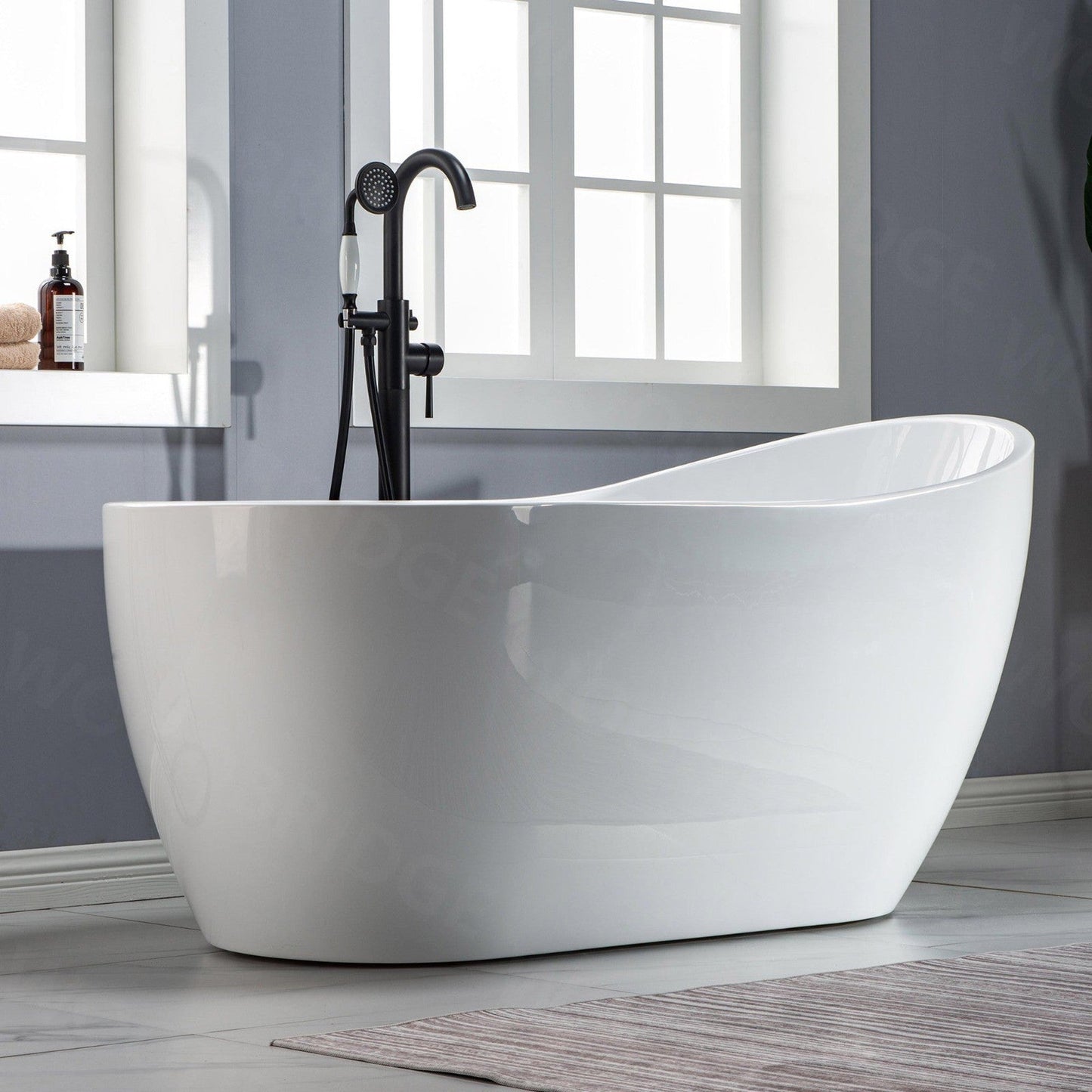 WoodBridge 59" White Acrylic Freestanding Soaking Bathtub With Matte Black Drain, Overflow, F0006MBVT Tub Filler and Caddy Tray