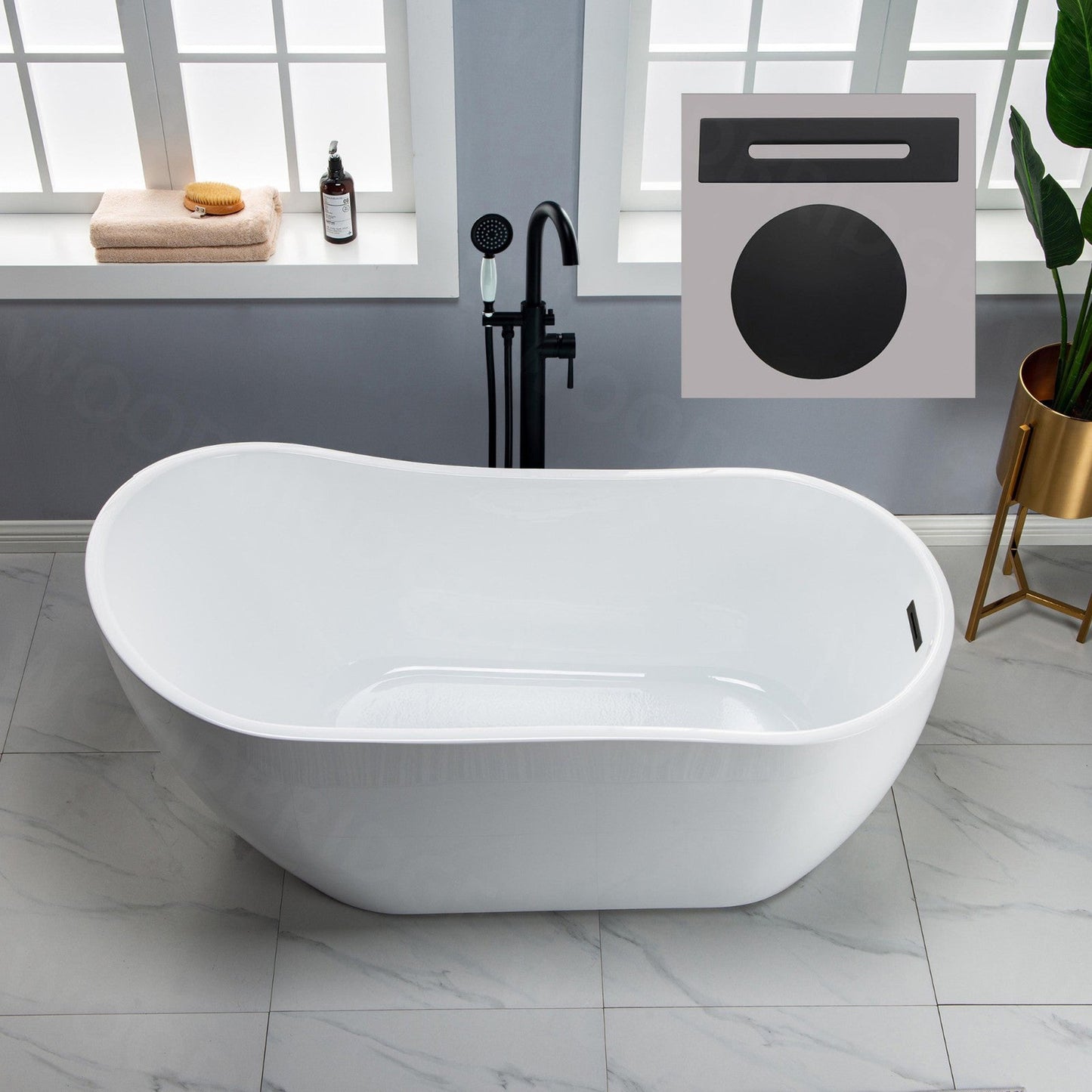 WoodBridge 59" White Acrylic Freestanding Soaking Bathtub With Matte Black Drain and Overflow