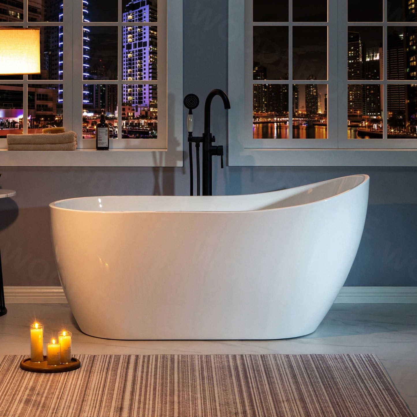 WoodBridge 59" White Acrylic Freestanding Soaking Bathtub With Matte Black Drain and Overflow