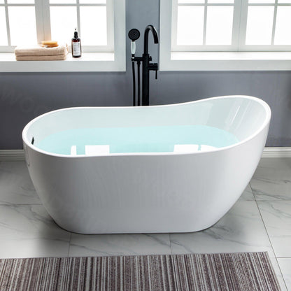 WoodBridge 59" White Acrylic Freestanding Soaking Bathtub With Matte Black Drain and Overflow