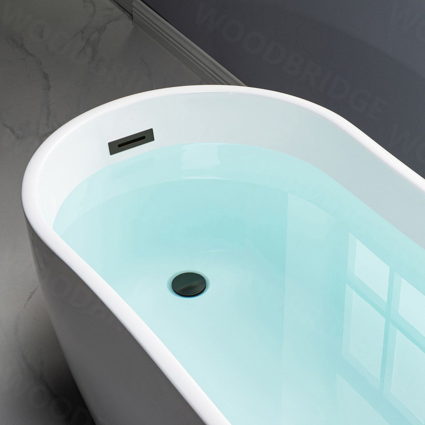 WoodBridge 59" White Acrylic Freestanding Soaking Bathtub With Matte Black Drain and Overflow