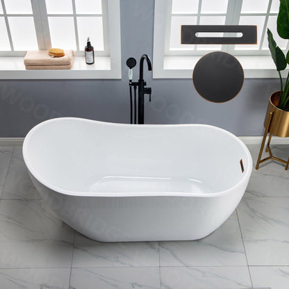 WoodBridge 59" White Acrylic Freestanding Soaking Bathtub With Oil Rubbed Bronze Drain and Overflow