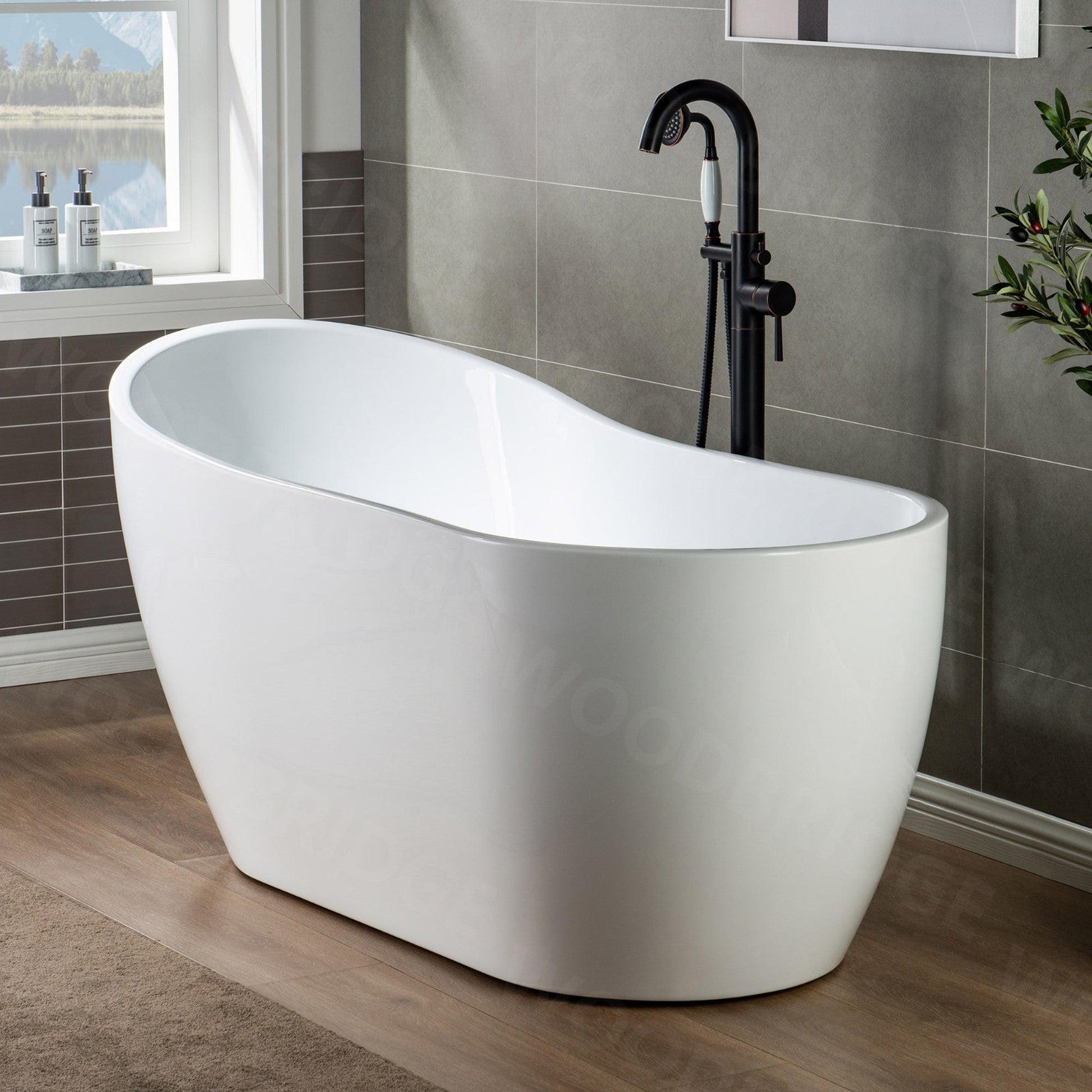 WoodBridge 59" White Acrylic Freestanding Soaking Bathtub With Oil Rubbed Bronze Drain and Overflow