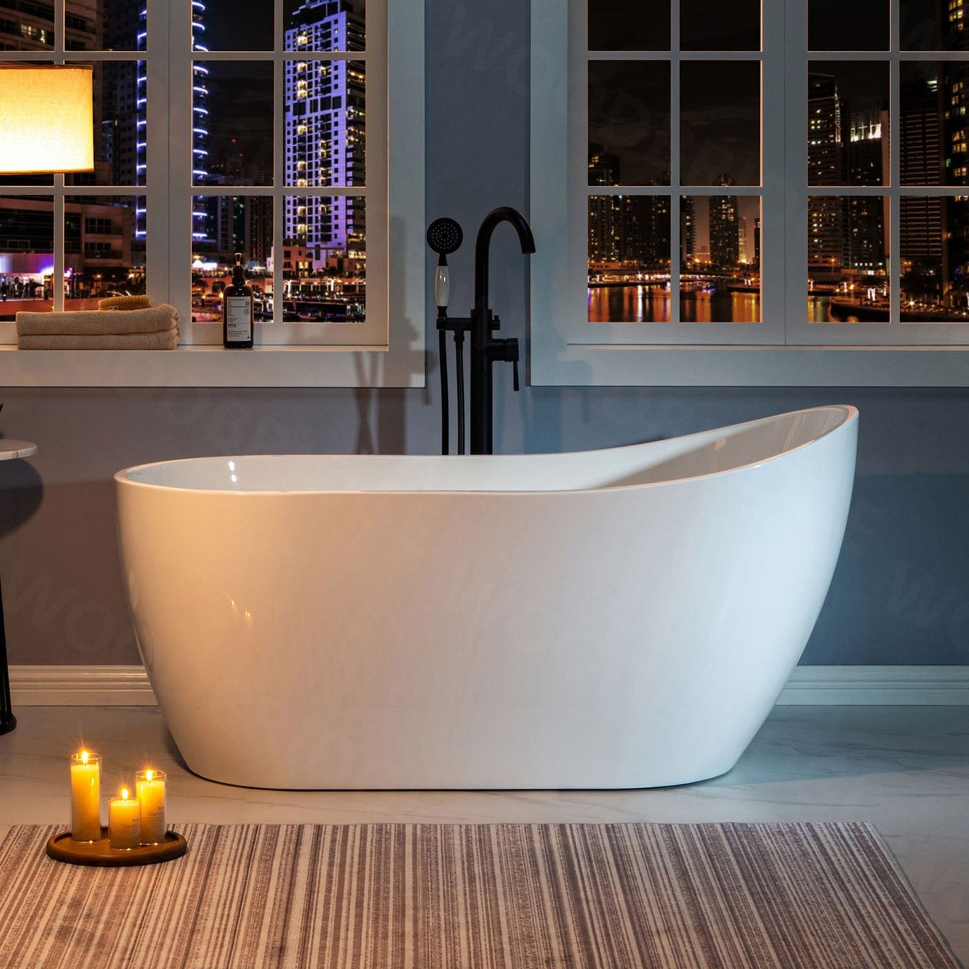 WoodBridge 59" White Acrylic Freestanding Soaking Bathtub With Oil Rubbed Bronze Drain and Overflow