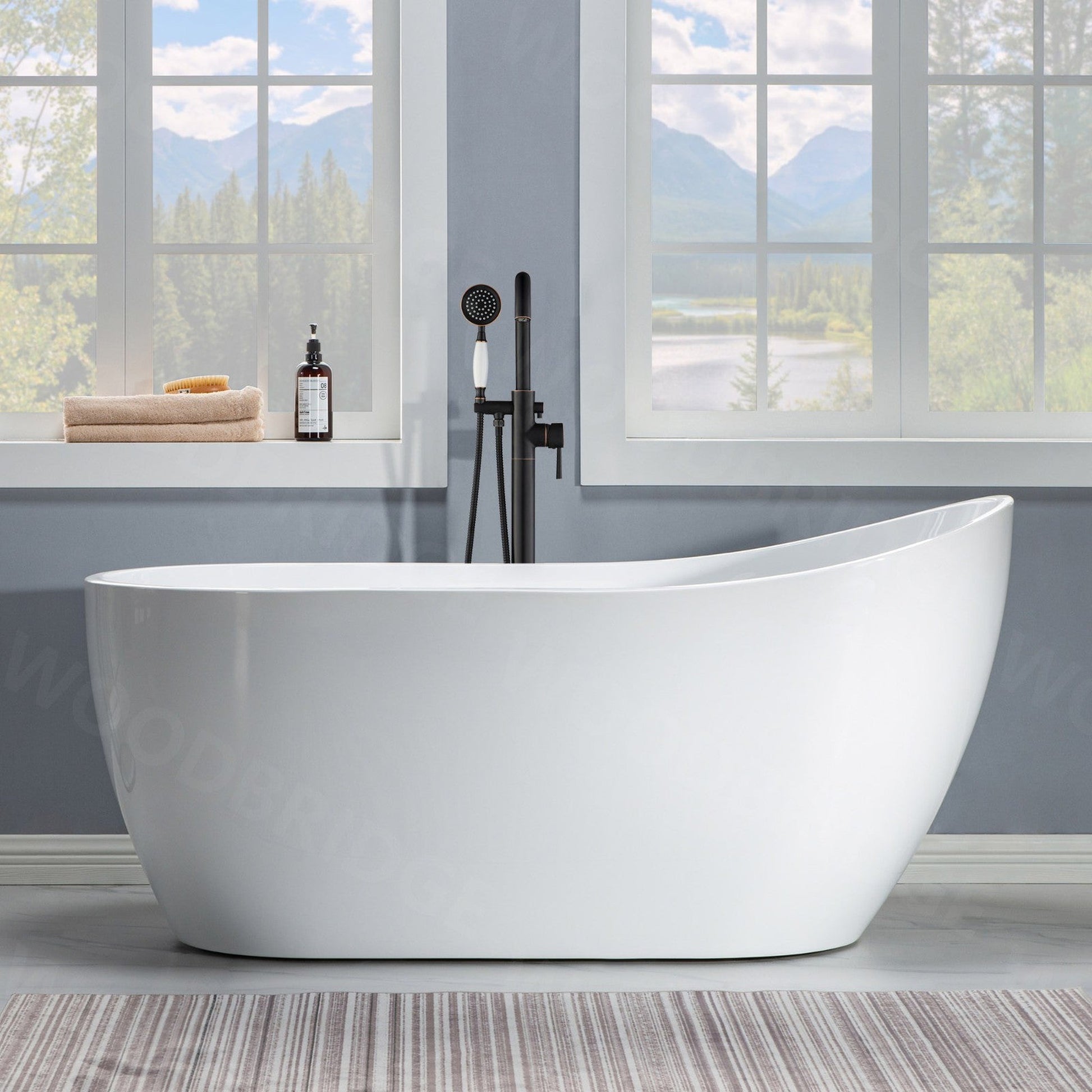 WoodBridge 59" White Acrylic Freestanding Soaking Bathtub With Oil Rubbed Bronze Drain and Overflow