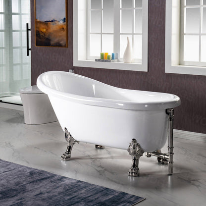 WoodBridge 59" White Acrylic Slipper Clawfoot Bath Tub With Brushed Nickel Feet, Drain, Overflow, F0070BNVT Tub Filler and Caddy Tray