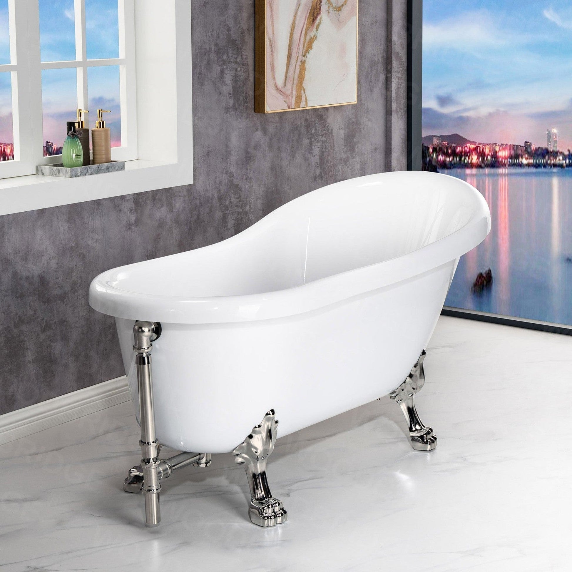 WoodBridge 59" White Acrylic Slipper Clawfoot Bath Tub With Brushed Nickel Feet, Drain, Overflow, F0070BNVT Tub Filler and Caddy Tray