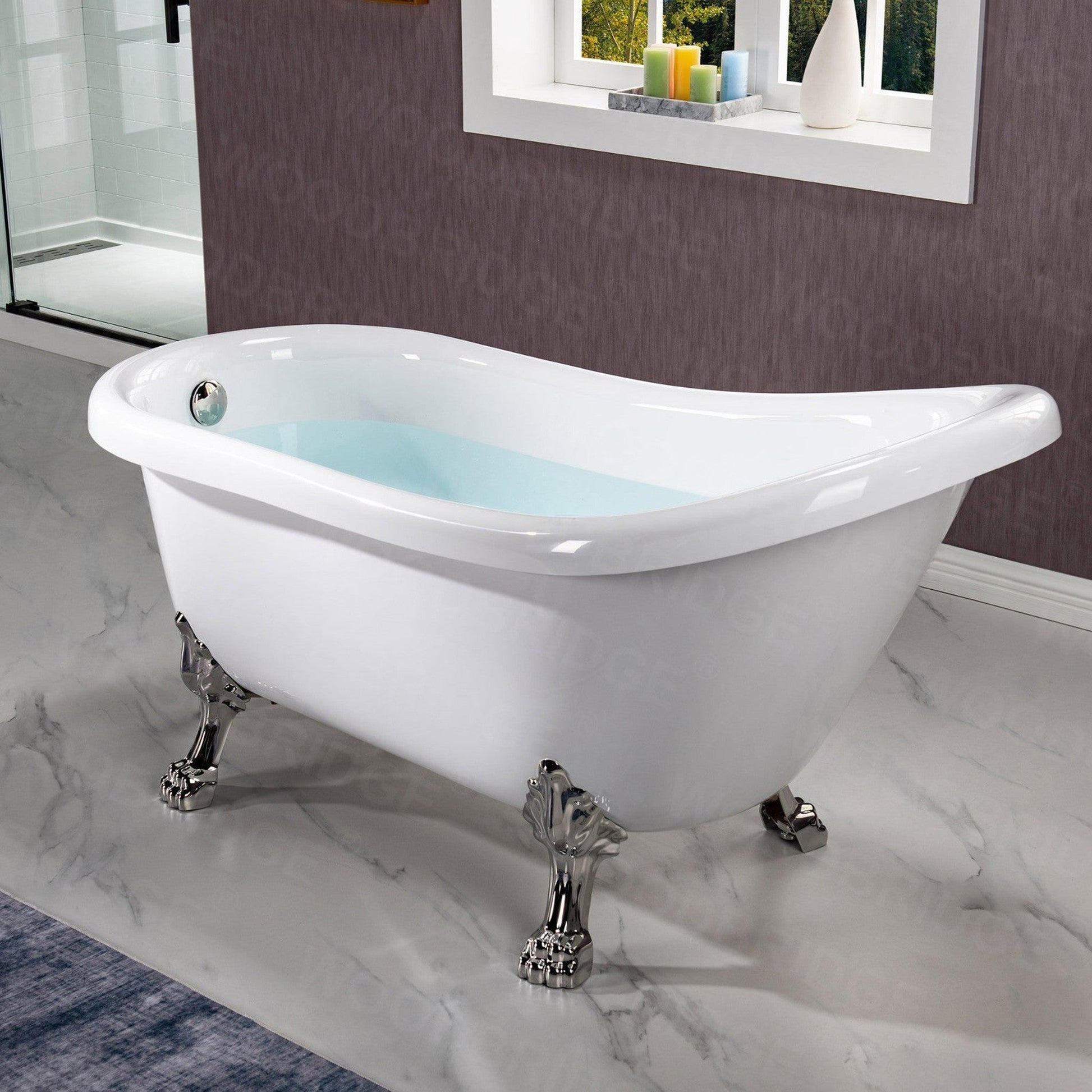 WoodBridge 59" White Acrylic Slipper Clawfoot Bath Tub With Brushed Nickel Feet, Drain, Overflow, F0070BNVT Tub Filler and Caddy Tray