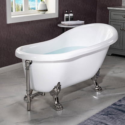 WoodBridge 59" White Acrylic Slipper Clawfoot Bath Tub With Brushed Nickel Feet, Drain, Overflow, F0070BNVT Tub Filler and Caddy Tray