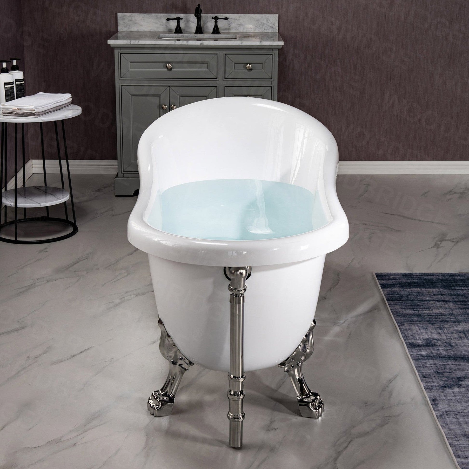 WoodBridge 59" White Acrylic Slipper Clawfoot Bath Tub With Brushed Nickel Feet, Drain, Overflow, F0070BNVT Tub Filler and Caddy Tray