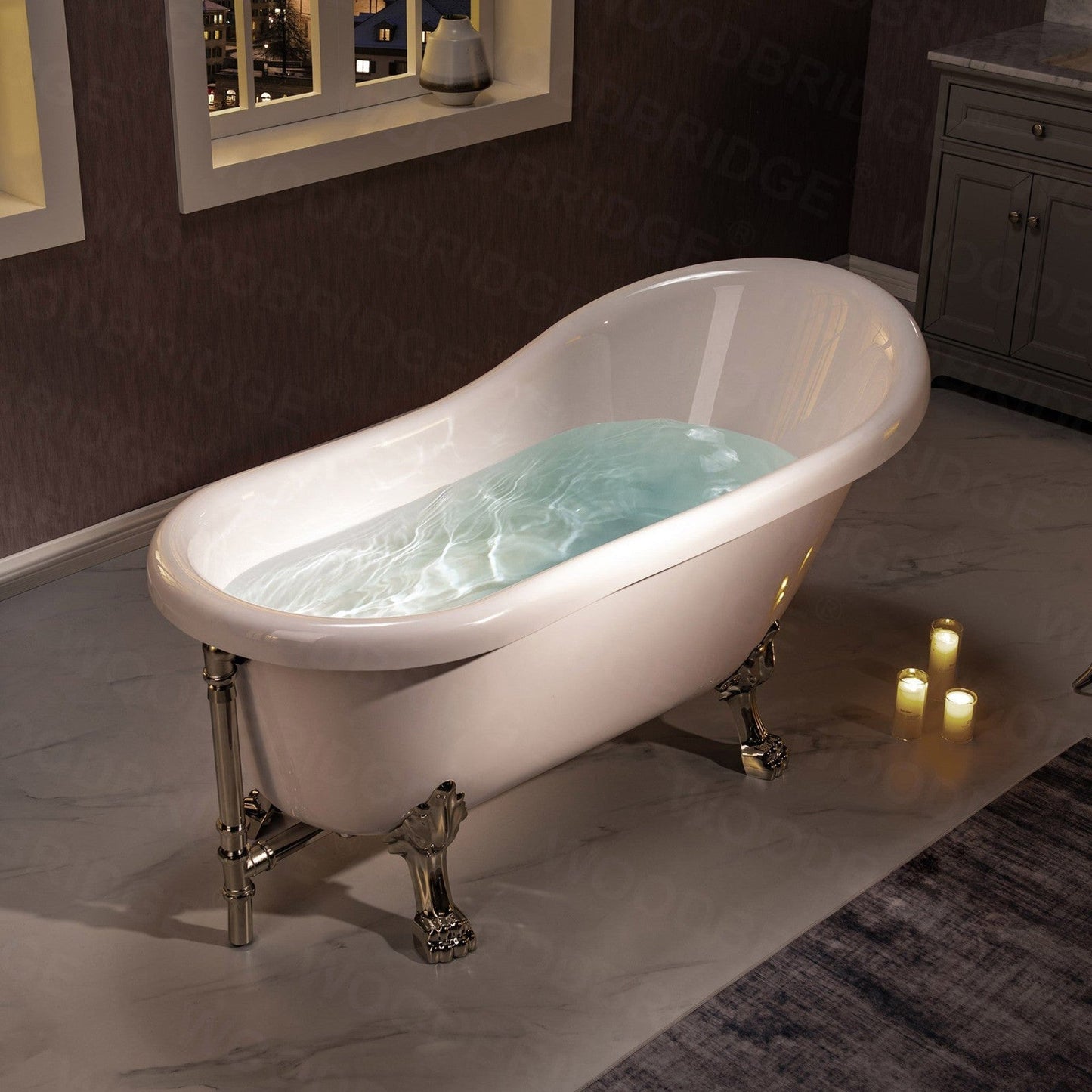 WoodBridge 59" White Acrylic Slipper Clawfoot Bath Tub With Brushed Nickel Feet, Drain, Overflow, F0070BNVT Tub Filler and Caddy Tray