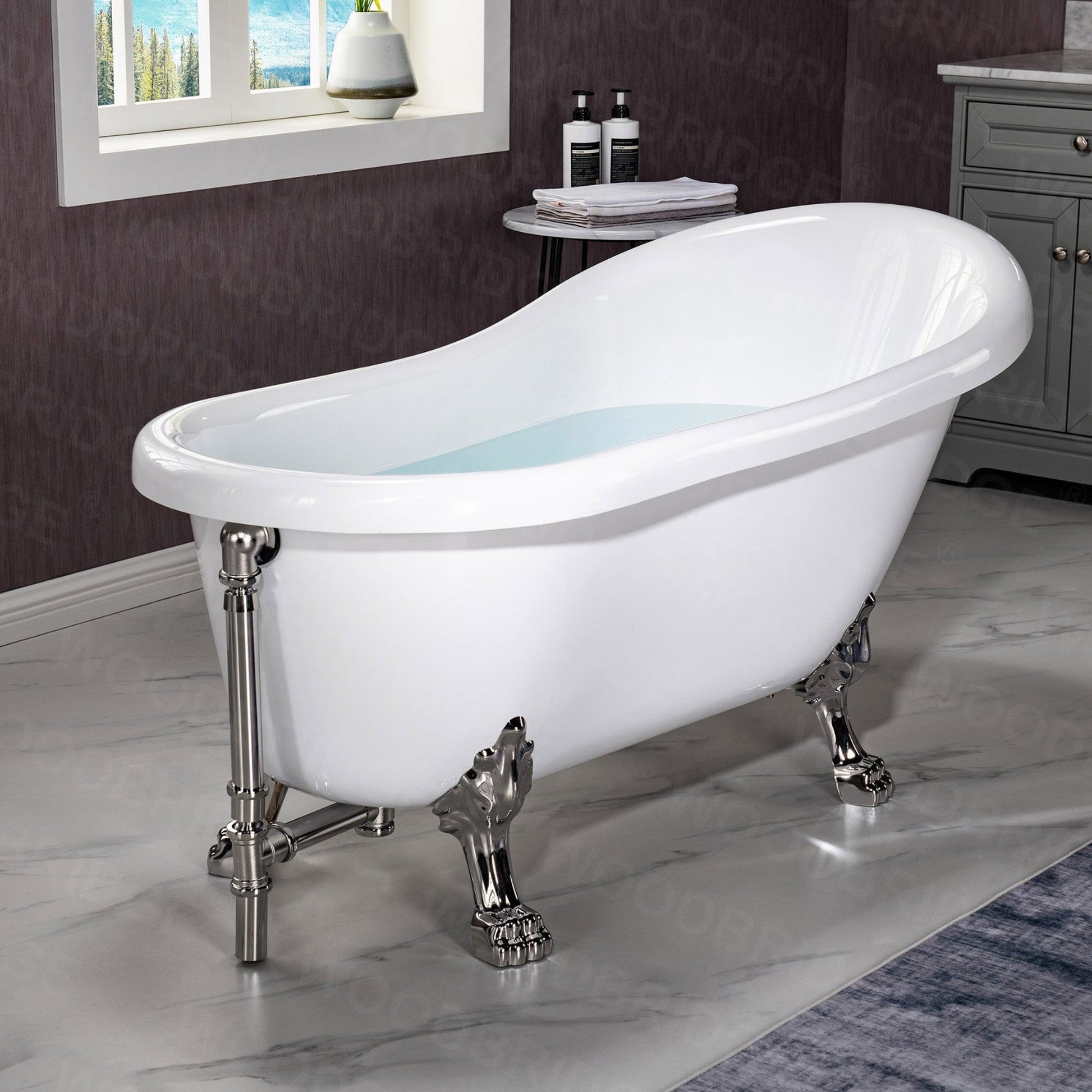 WoodBridge 59" White Acrylic Slipper Clawfoot Bath Tub With Brushed Nickel Feet, Drain and Overflow