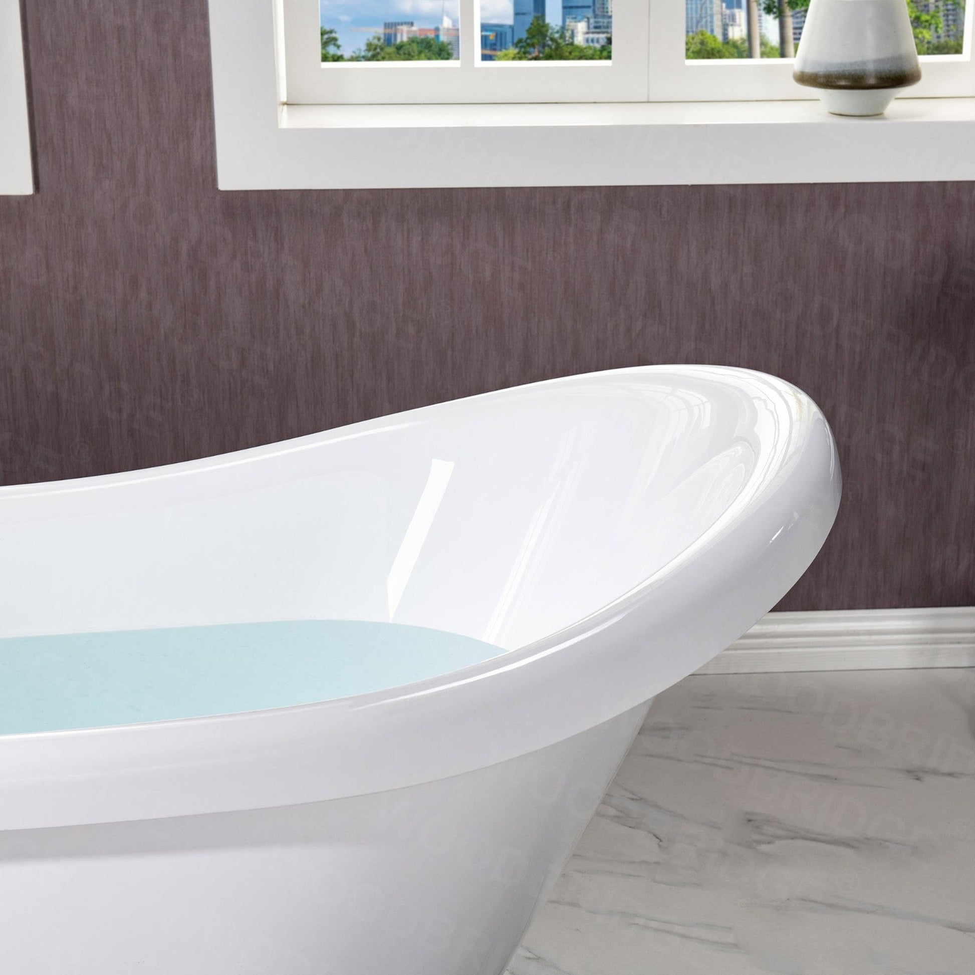 WoodBridge 59" White Acrylic Slipper Clawfoot Bath Tub With Brushed Nickel Feet, Drain and Overflow