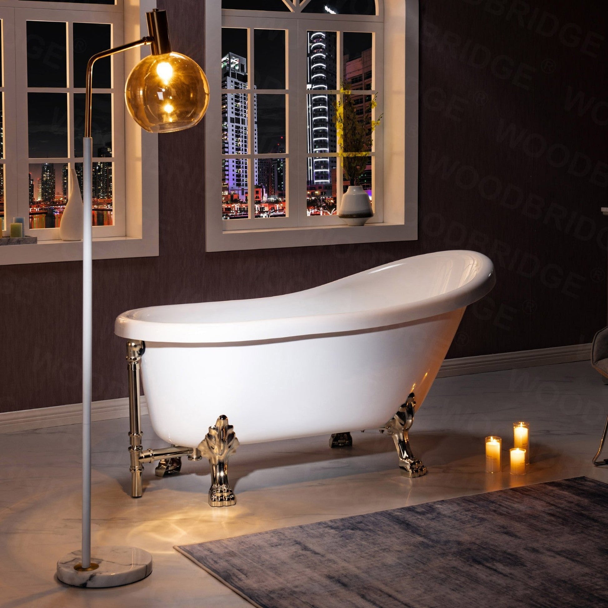 WoodBridge 59" White Acrylic Slipper Clawfoot Bath Tub With Brushed Nickel Feet, Drain and Overflow