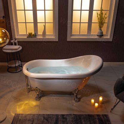 WoodBridge 59" White Acrylic Slipper Clawfoot Bath Tub With Brushed Nickel Feet, Drain and Overflow