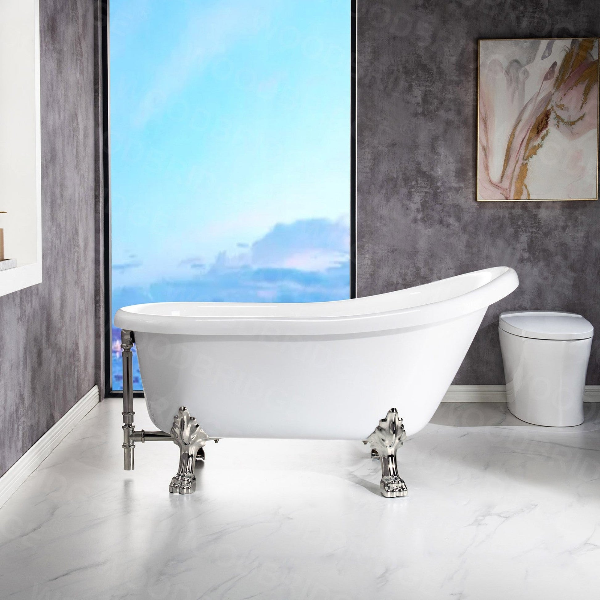 WoodBridge 59" White Acrylic Slipper Clawfoot Bath Tub With Brushed Nickel Feet, Drain and Overflow