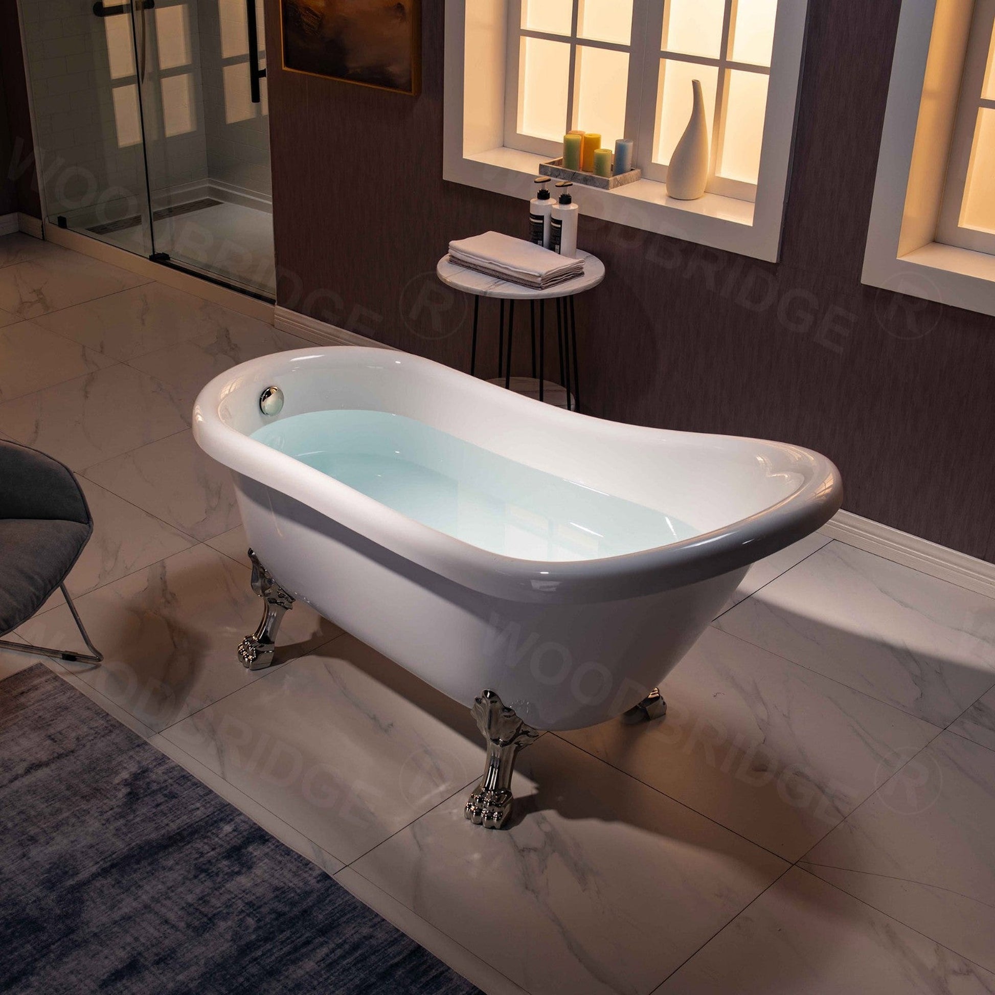 WoodBridge 59" White Acrylic Slipper Clawfoot Bath Tub With Brushed Nickel Feet, Drain and Overflow