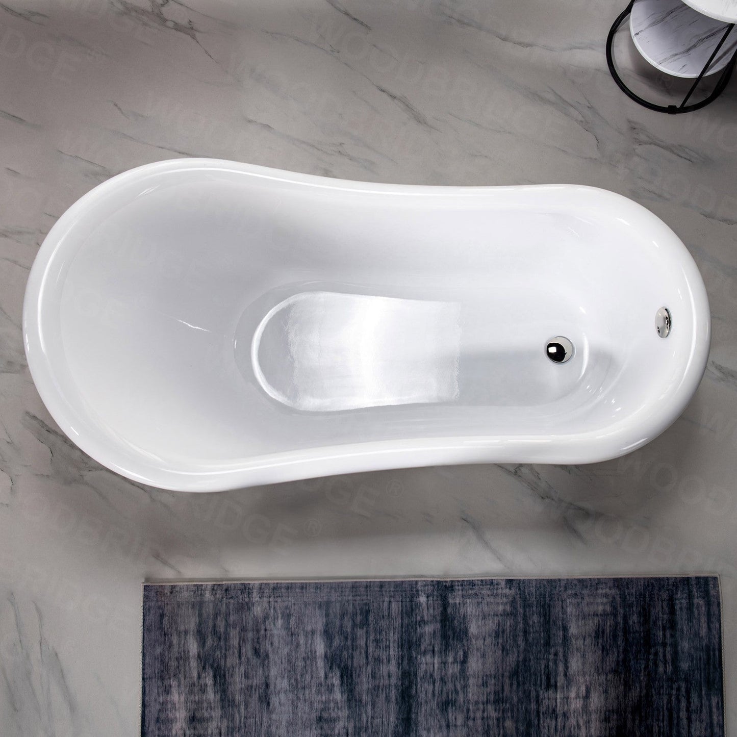 WoodBridge 59" White Acrylic Slipper Clawfoot Bath Tub With Brushed Nickel Feet, Drain and Overflow