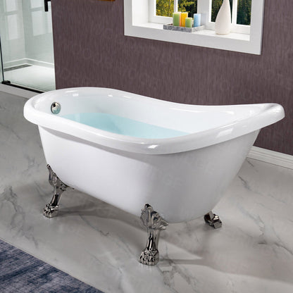 WoodBridge 59" White Acrylic Slipper Clawfoot Bath Tub With Brushed Nickel Feet, Drain and Overflow