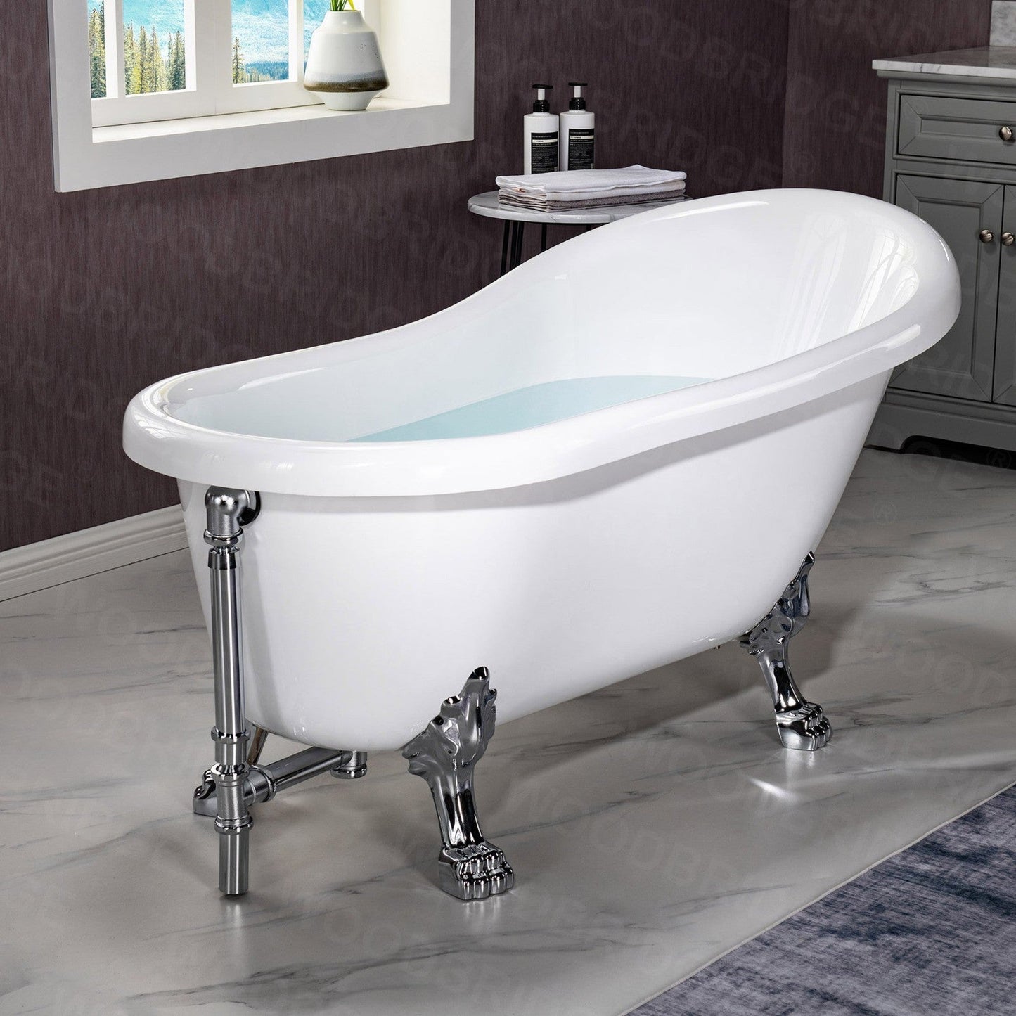 WoodBridge 59" White Acrylic Slipper Clawfoot Bath Tub With Chrome Feet, Drain, Overflow, F0071CHVT Tub Filler and Caddy Tray