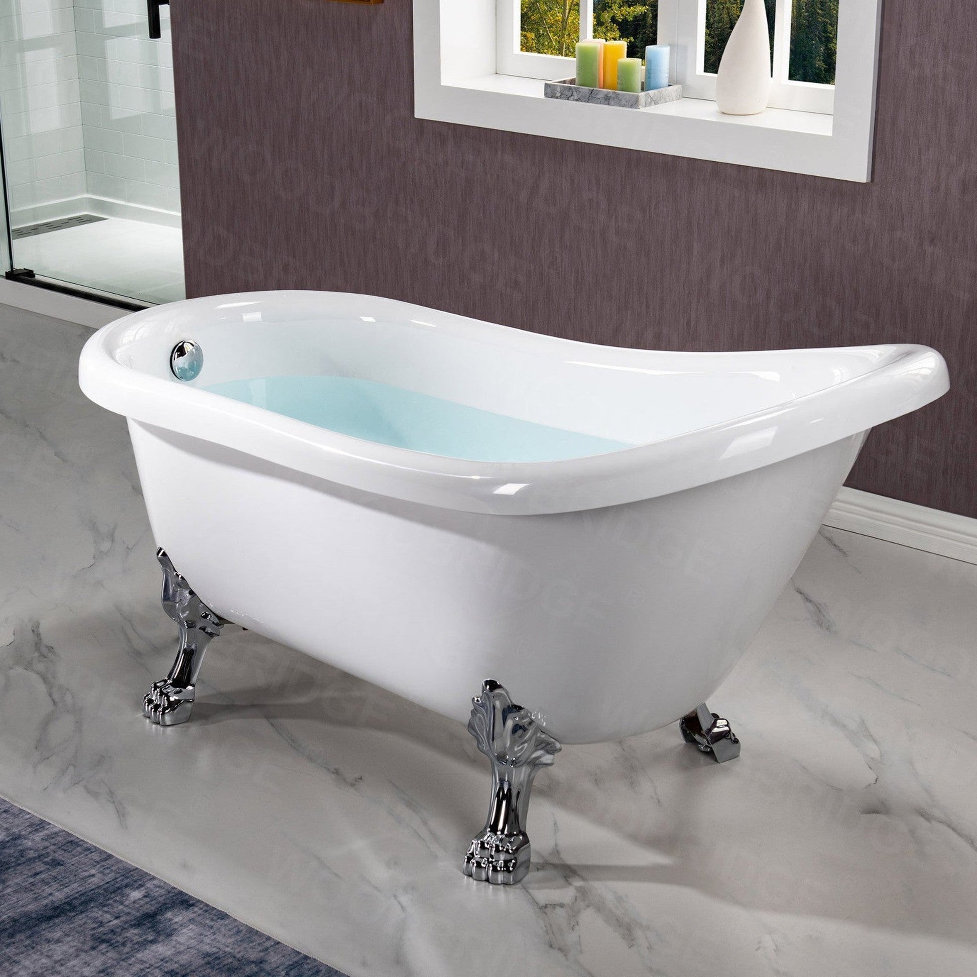 WoodBridge 59" White Acrylic Slipper Clawfoot Bath Tub With Chrome Feet, Drain, Overflow, F0071CHVT Tub Filler and Caddy Tray