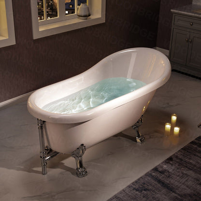 WoodBridge 59" White Acrylic Slipper Clawfoot Bath Tub With Chrome Feet, Drain, Overflow, F0071CHVT Tub Filler and Caddy Tray