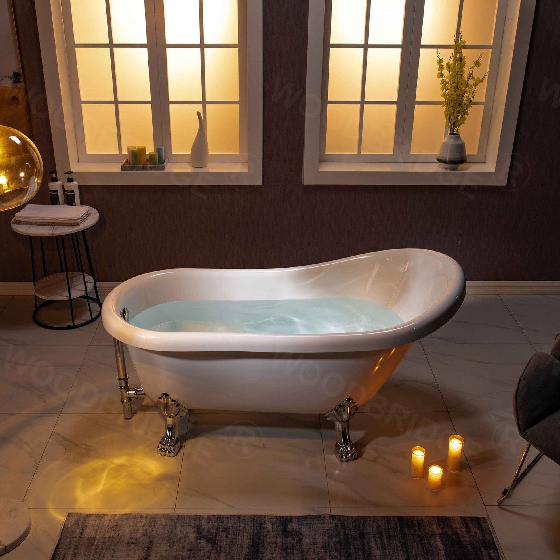 WoodBridge 59" White Acrylic Slipper Clawfoot Bath Tub With Chrome Feet, Drain, Overflow, F0071CHVT Tub Filler and Caddy Tray