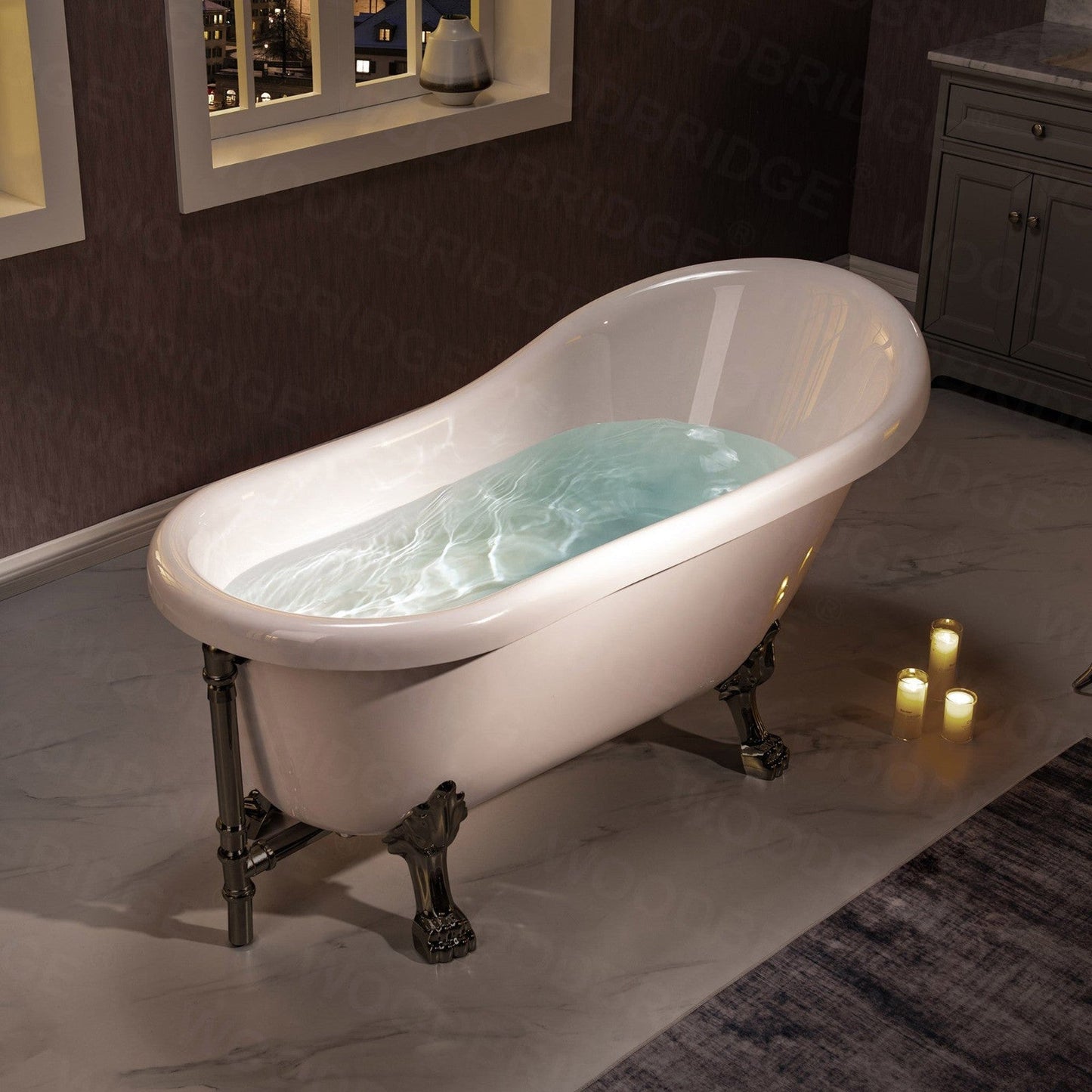 WoodBridge 59" White Acrylic Slipper Clawfoot Bath Tub With Matte Black Feet, Drain, Overflow, F0072MBVT Tub Filler and Caddy Tray