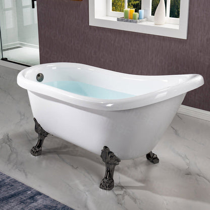 WoodBridge 59" White Acrylic Slipper Clawfoot Bath Tub With Matte Black Feet, Drain, Overflow, F0072MBVT Tub Filler and Caddy Tray