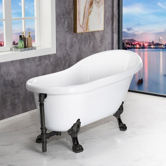 WoodBridge 59" White Acrylic Slipper Clawfoot Bath Tub With Matte Black Feet, Drain, Overflow, F0072MBVT Tub Filler and Caddy Tray