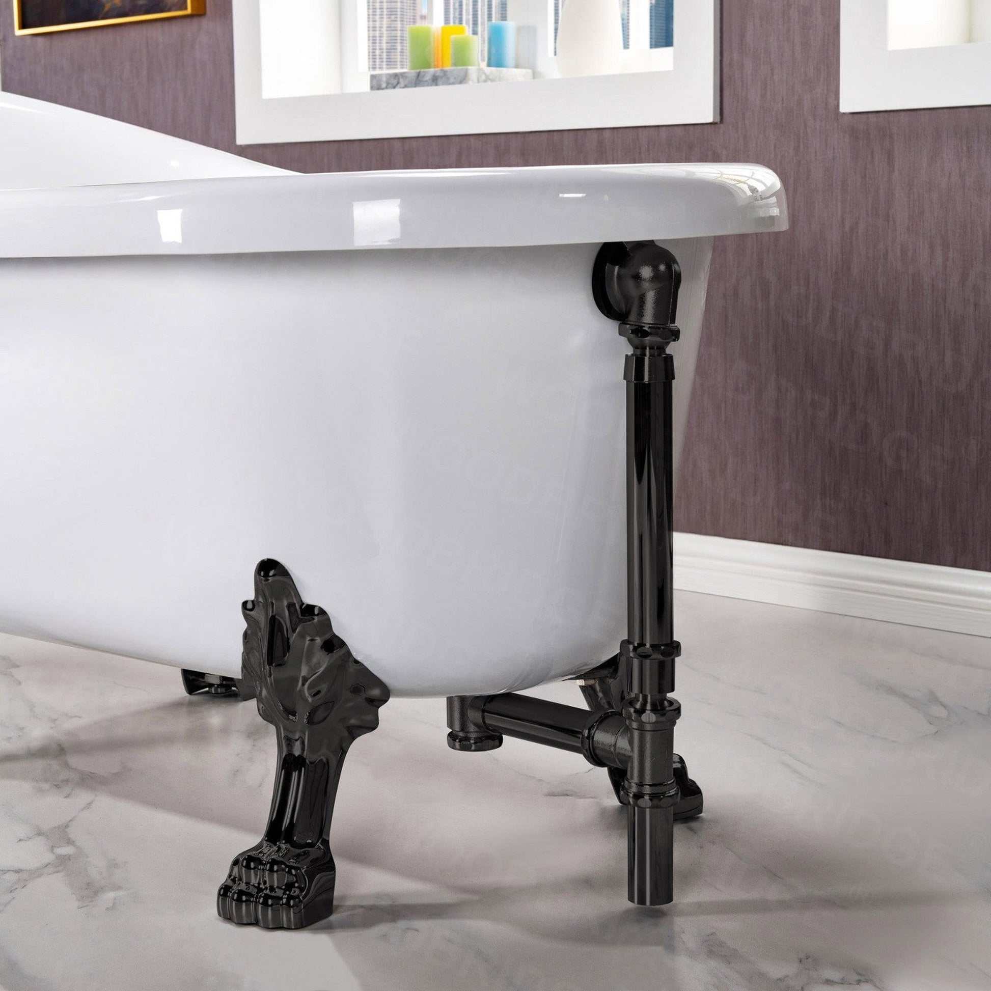 WoodBridge 59" White Acrylic Slipper Clawfoot Bath Tub With Matte Black Feet, Drain, Overflow, F0072MBVT Tub Filler and Caddy Tray