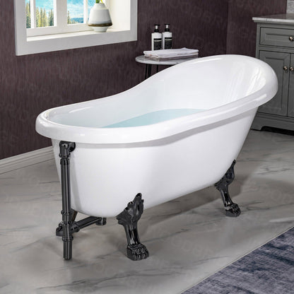 WoodBridge 59" White Acrylic Slipper Clawfoot Bath Tub With Matte Black Feet, Drain, Overflow, F0072MBVT Tub Filler and Caddy Tray