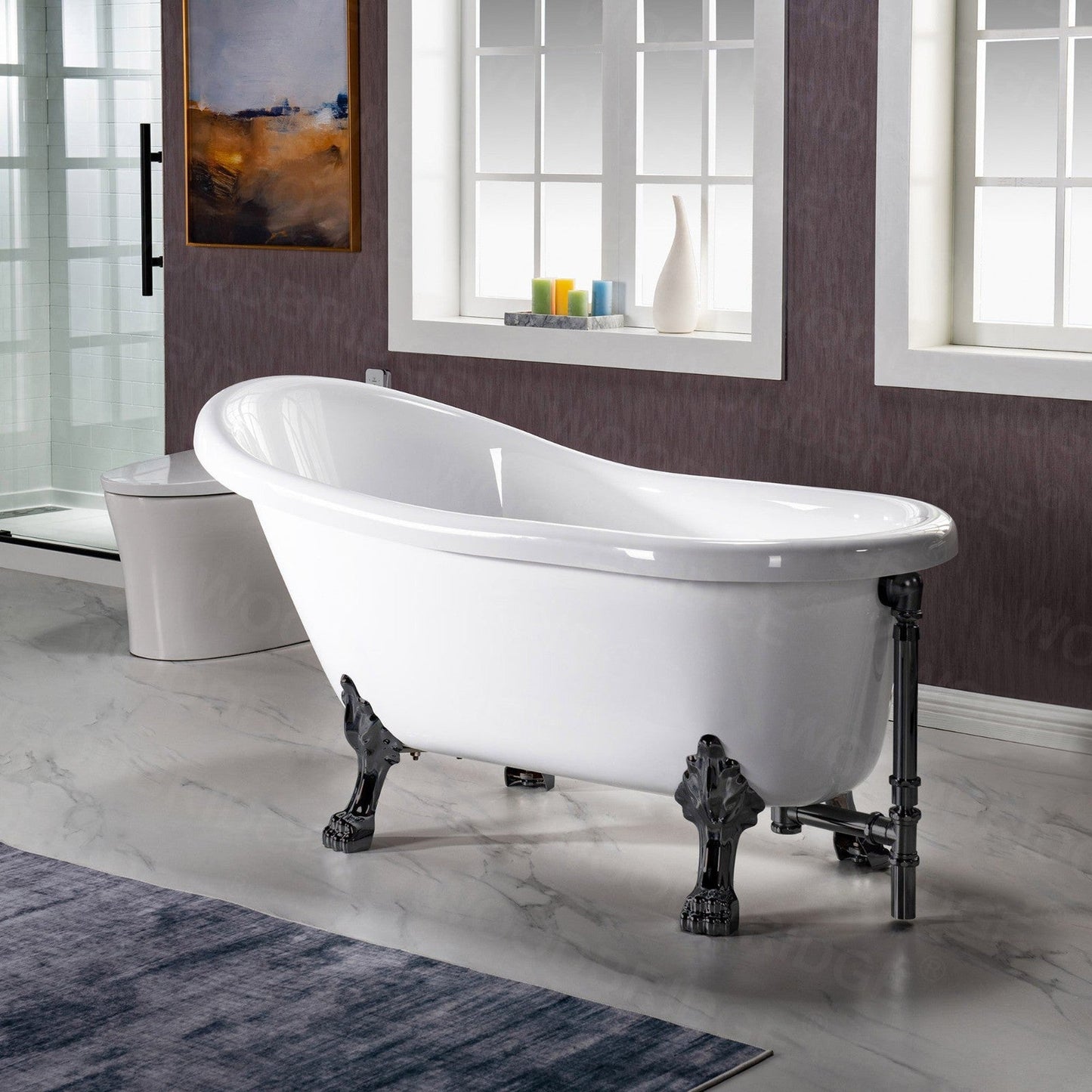 WoodBridge 59" White Acrylic Slipper Clawfoot Bath Tub With Matte Black Feet, Drain, Overflow, F0072MBVT Tub Filler and Caddy Tray