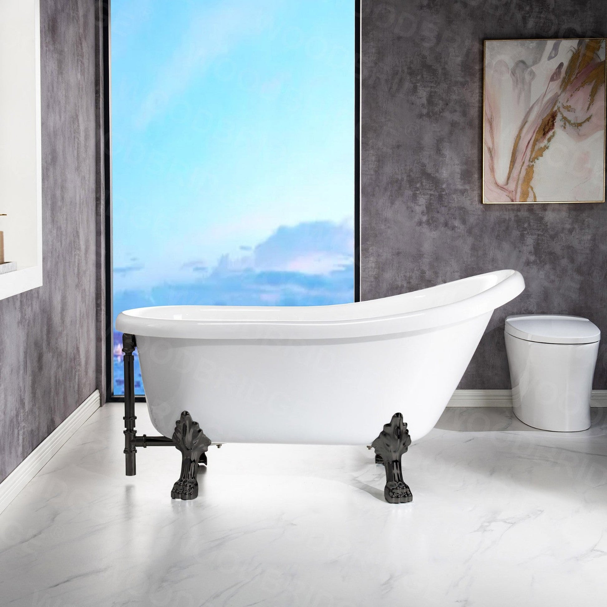 WoodBridge 59" White Acrylic Slipper Clawfoot Bath Tub With Matte Black Feet, Drain and Overflow