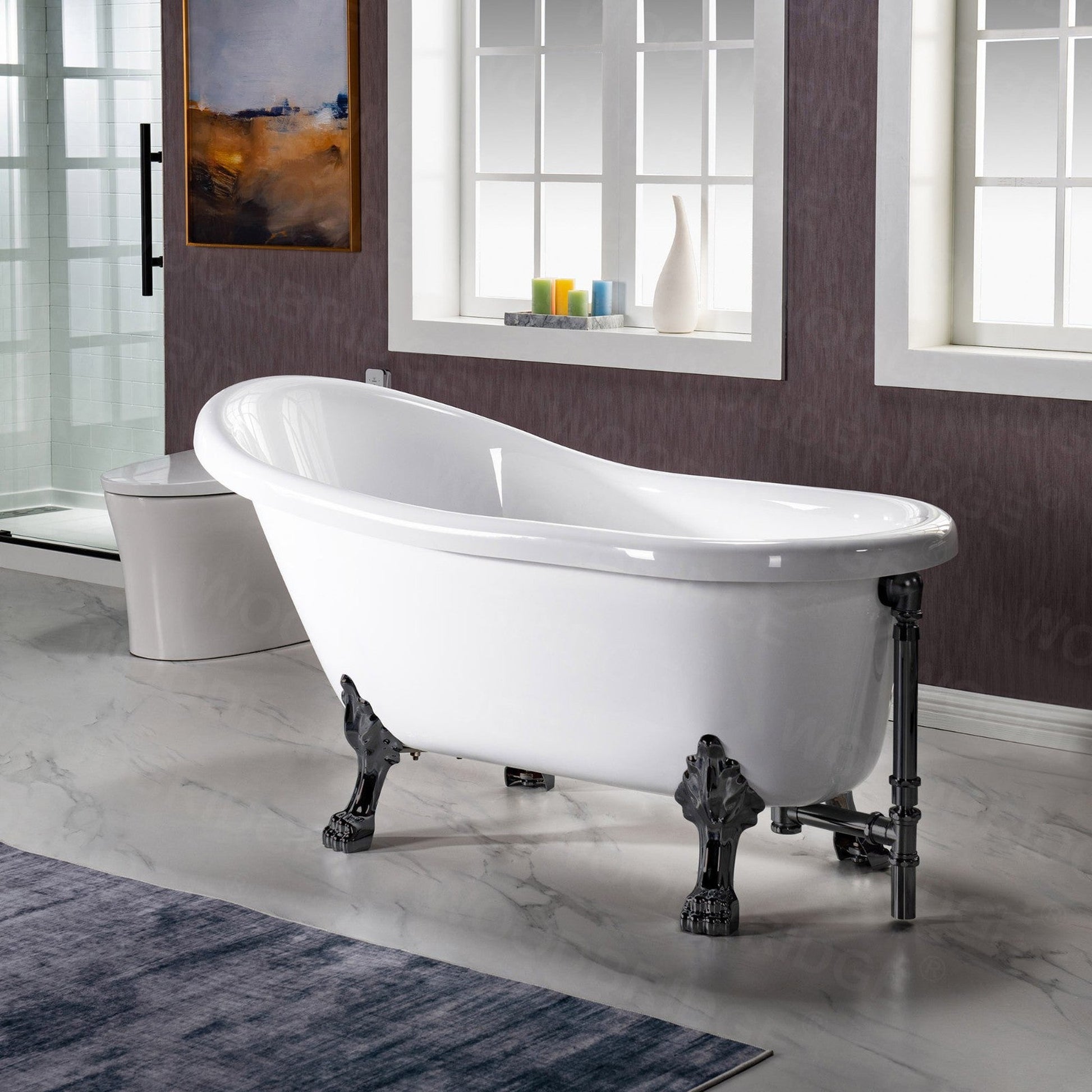 WoodBridge 59" White Acrylic Slipper Clawfoot Bath Tub With Matte Black Feet, Drain and Overflow