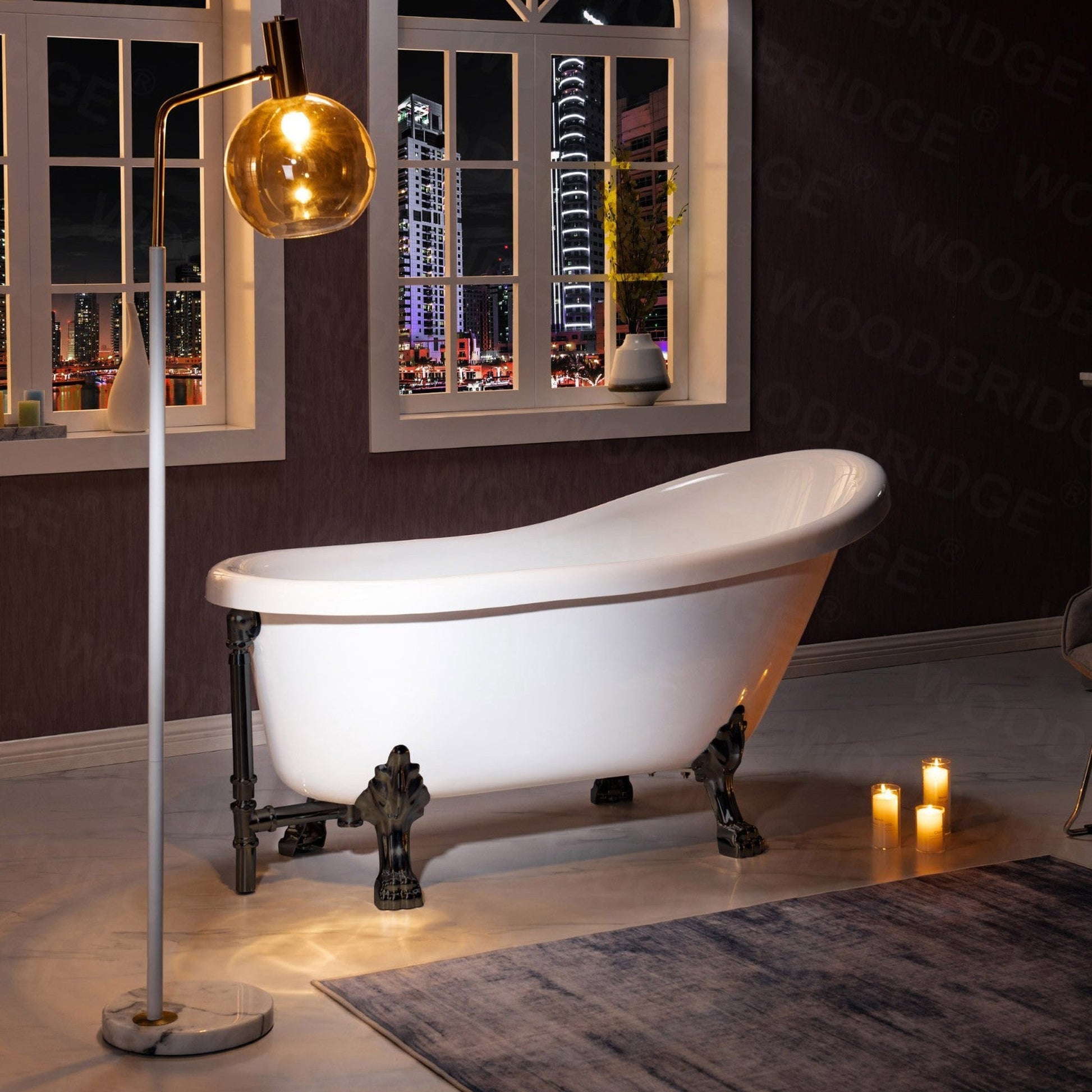 WoodBridge 59" White Acrylic Slipper Clawfoot Bath Tub With Matte Black Feet, Drain and Overflow