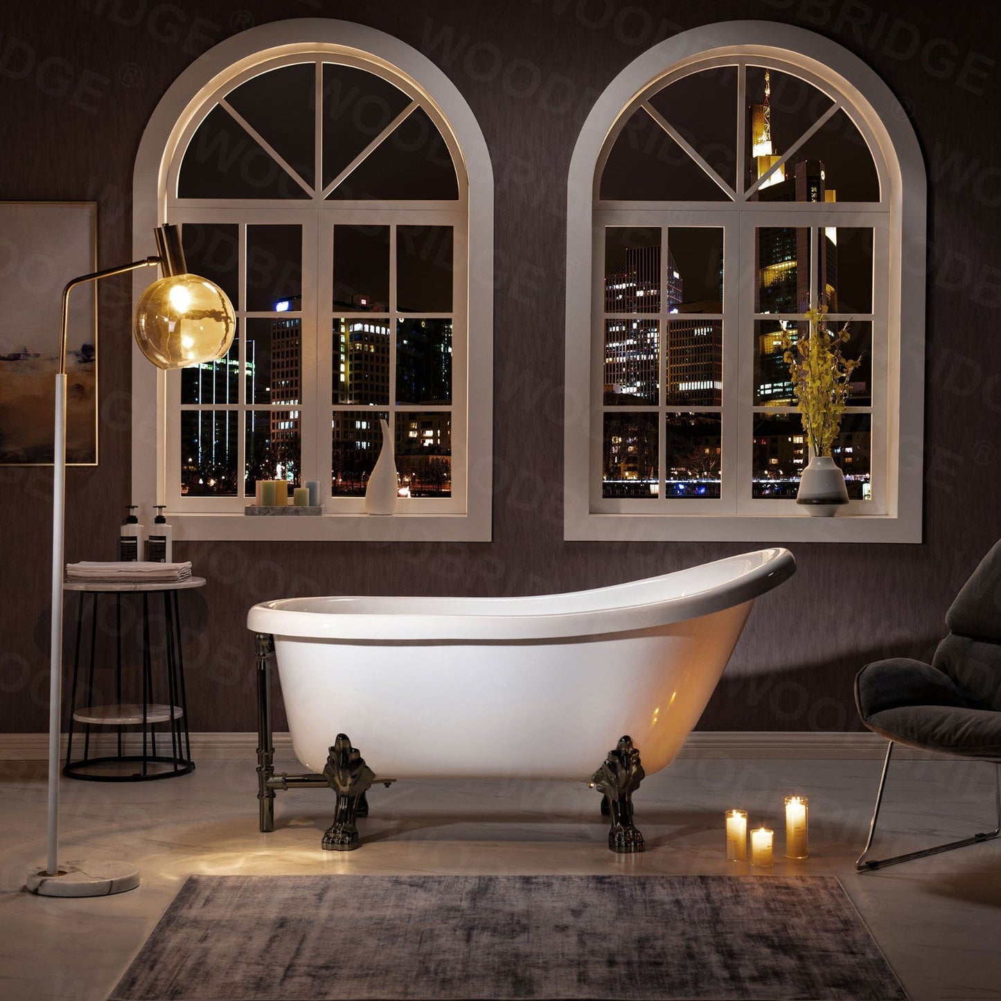 WoodBridge 59" White Acrylic Slipper Clawfoot Bath Tub With Matte Black Feet, Drain and Overflow