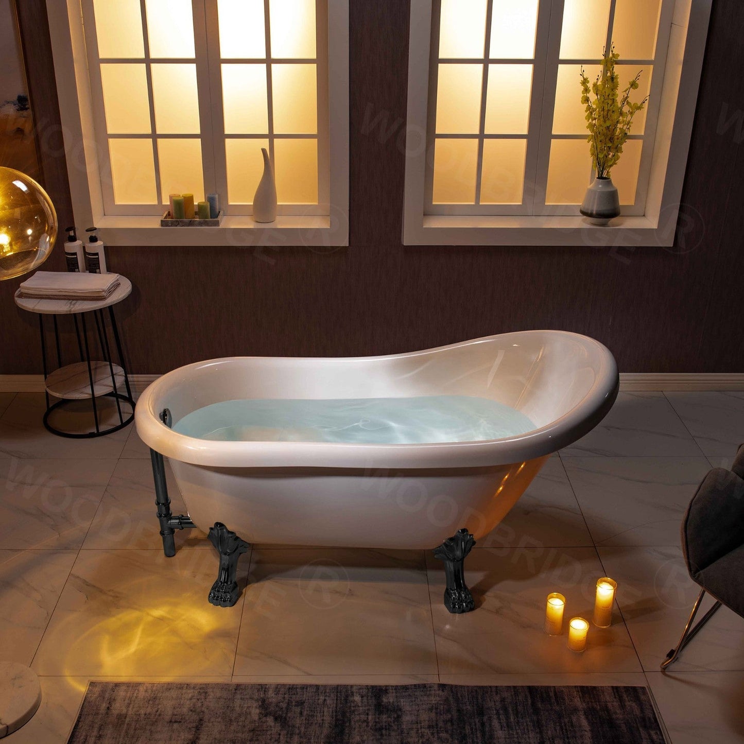 WoodBridge 59" White Acrylic Slipper Clawfoot Bath Tub With Matte Black Feet, Drain and Overflow