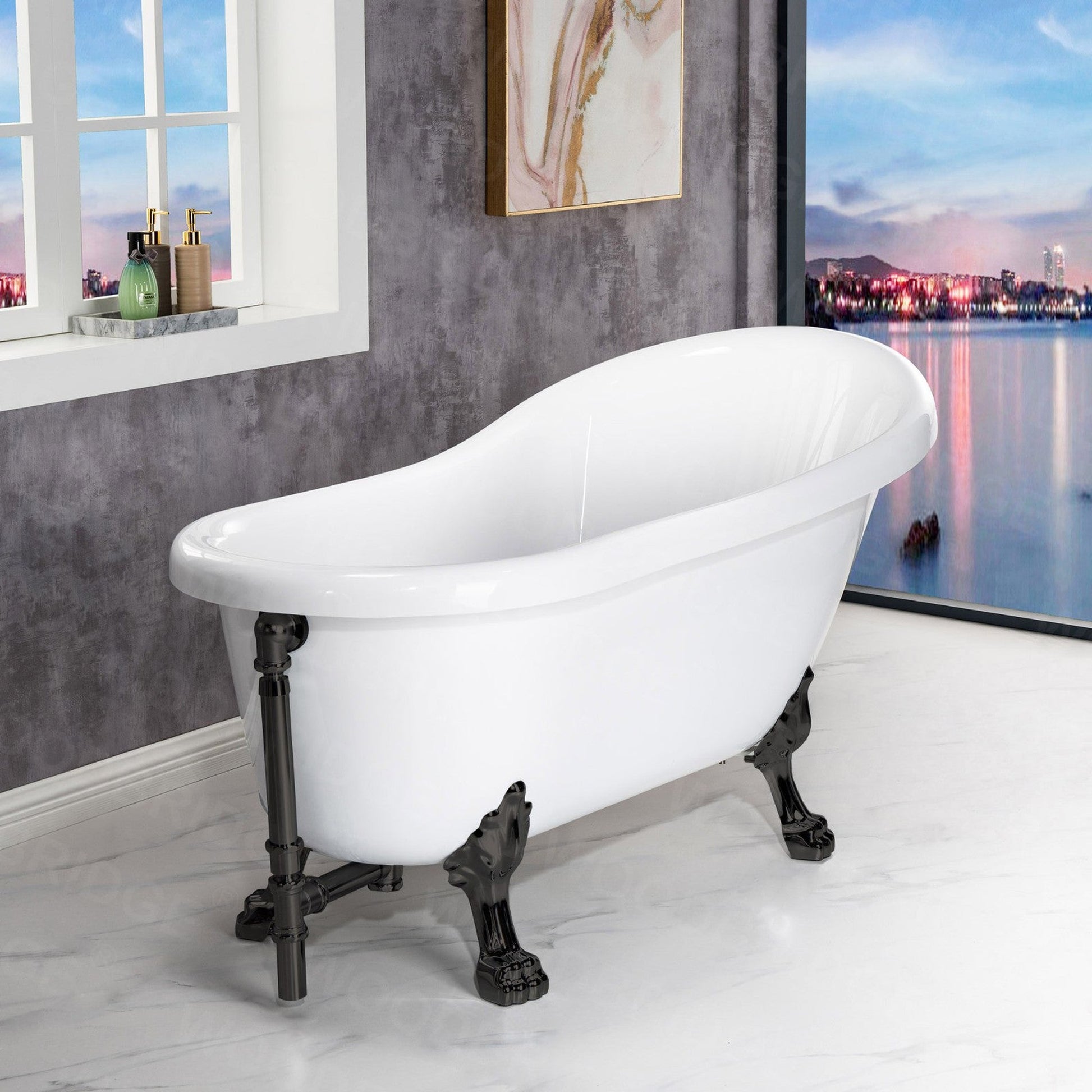 WoodBridge 59" White Acrylic Slipper Clawfoot Bath Tub With Matte Black Feet, Drain and Overflow