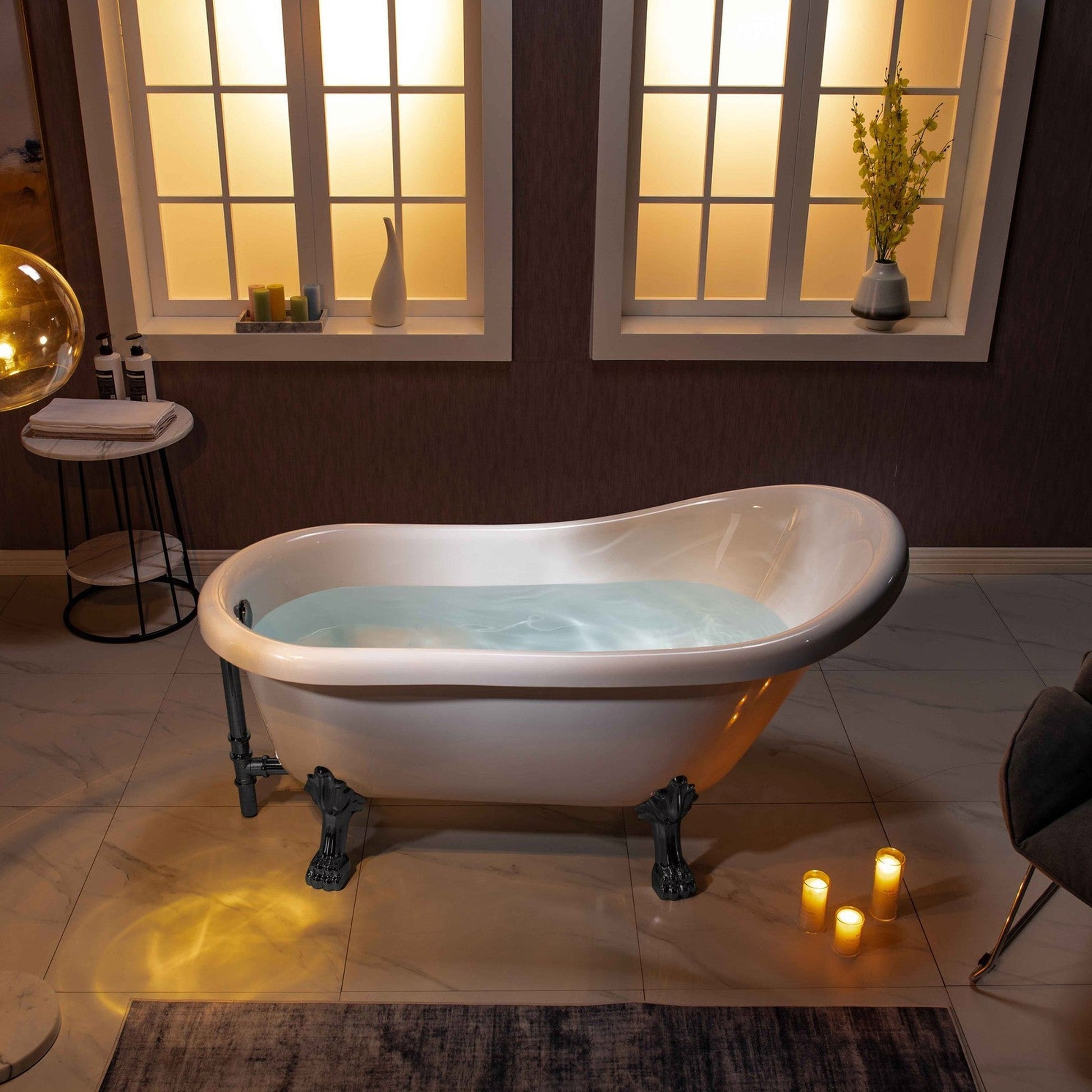 WoodBridge 59" White Acrylic Slipper Clawfoot Bath Tub With Oil Rubbed Bronze Feet, Drain and Overflow