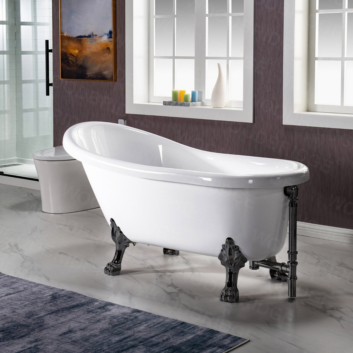 WoodBridge 59" White Acrylic Slipper Clawfoot Bath Tub With Oil Rubbed Bronze Feet, Drain and Overflow