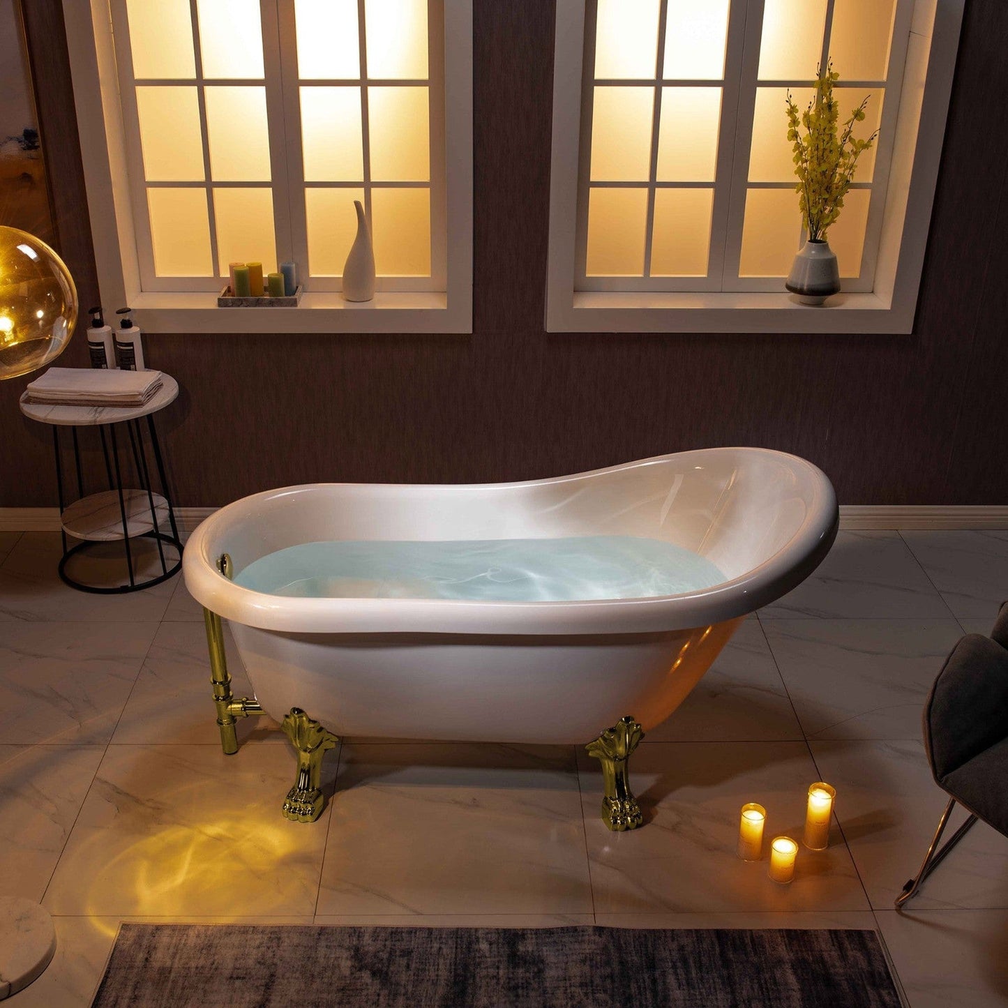 WoodBridge 59" White Acrylic Slipper Clawfoot Bath Tub With Polished Gold Feet, Drain, Overflow, F-0019PG F-0019PG Tub Filler and Caddy Tray