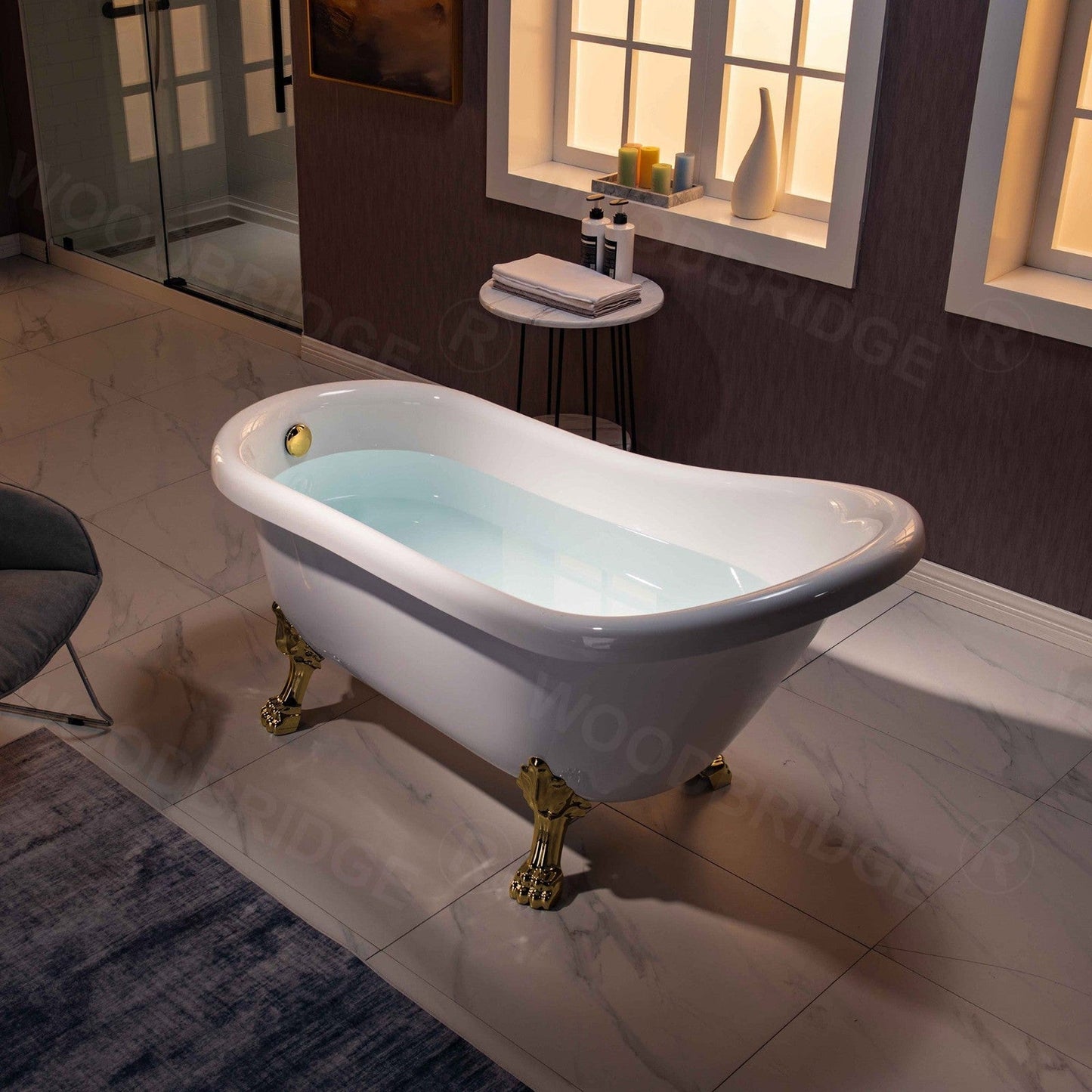 WoodBridge 59" White Acrylic Slipper Clawfoot Bath Tub With Polished Gold Feet, Drain, Overflow, F-0019PG F-0019PG Tub Filler and Caddy Tray