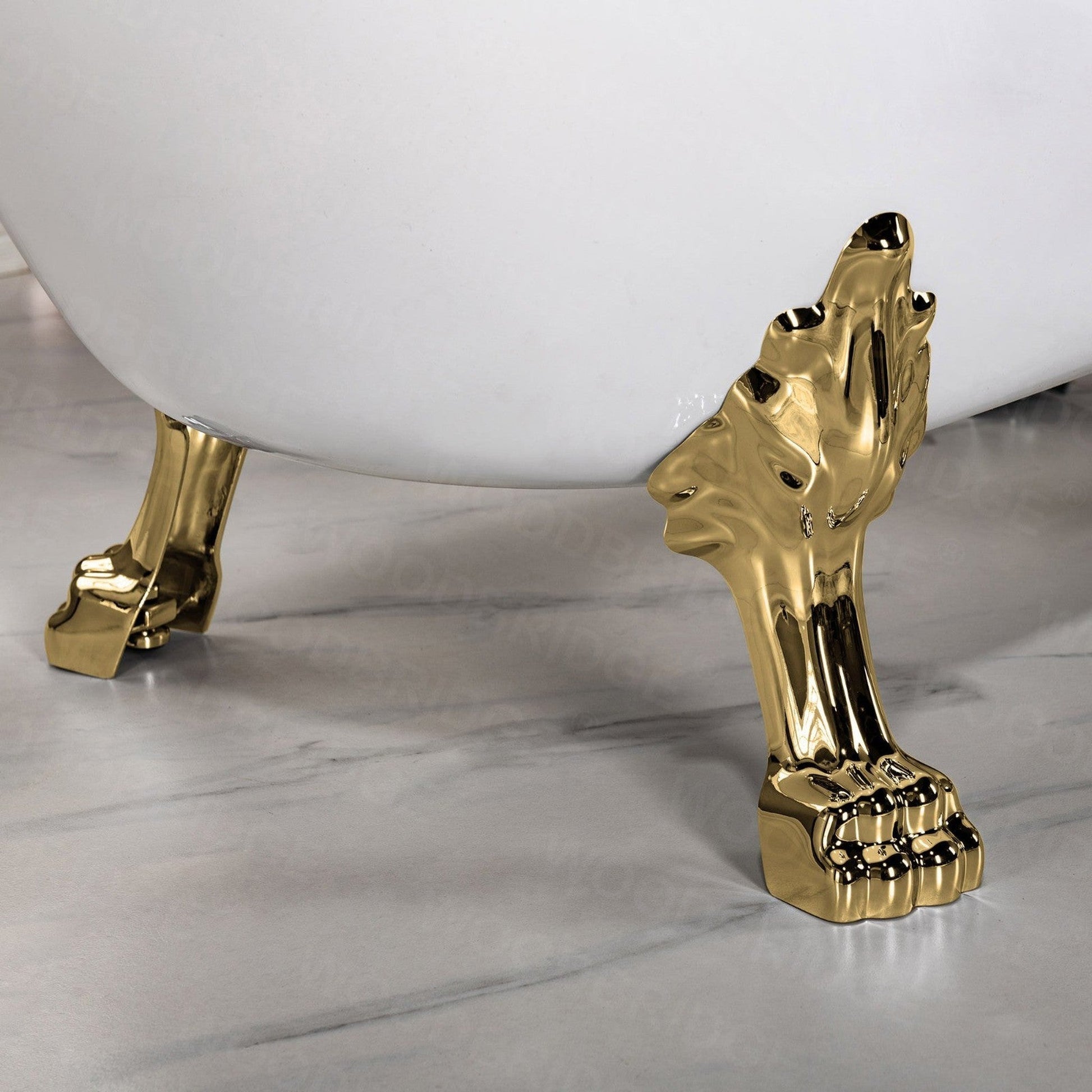 WoodBridge 59" White Acrylic Slipper Clawfoot Bath Tub With Polished Gold Feet, Drain, Overflow, F-0019PG F-0019PG Tub Filler and Caddy Tray