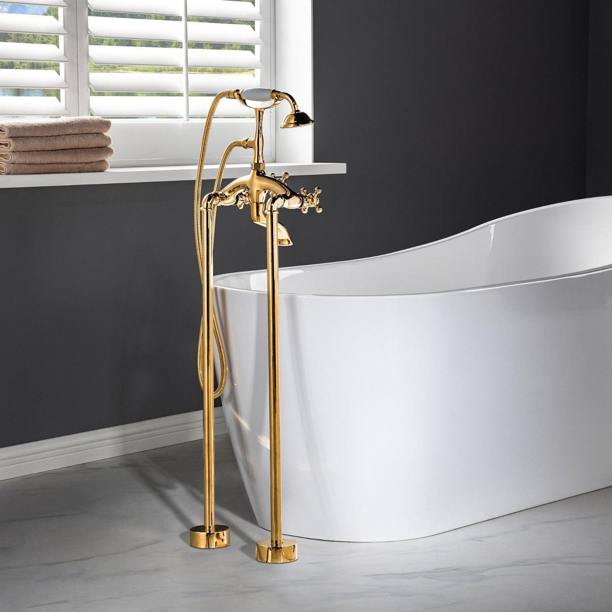 WoodBridge 59" Black Acrylic Double Slipper Clawfoot Bath Tub With Polished Gold Feet, Drain, Overflow, F-0019PG Tub Filler and Caddy Tray