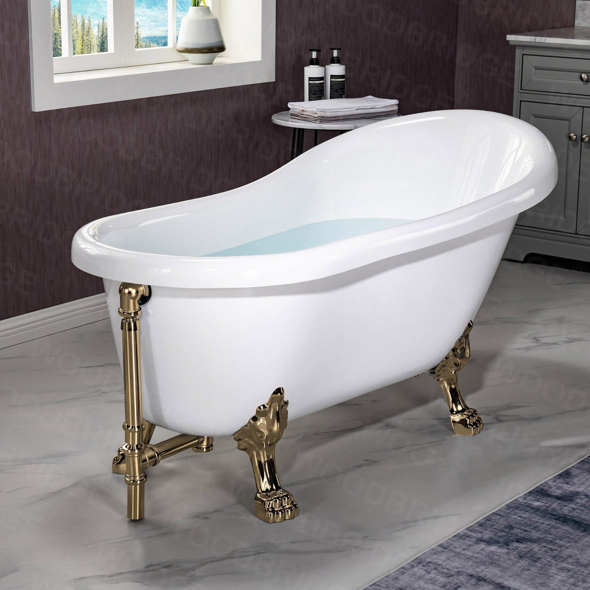 WoodBridge 59" White Acrylic Slipper Clawfoot Bath Tub With Polished Gold Feet, Drain, Overflow, F-0019PG F-0019PG Tub Filler and Caddy Tray